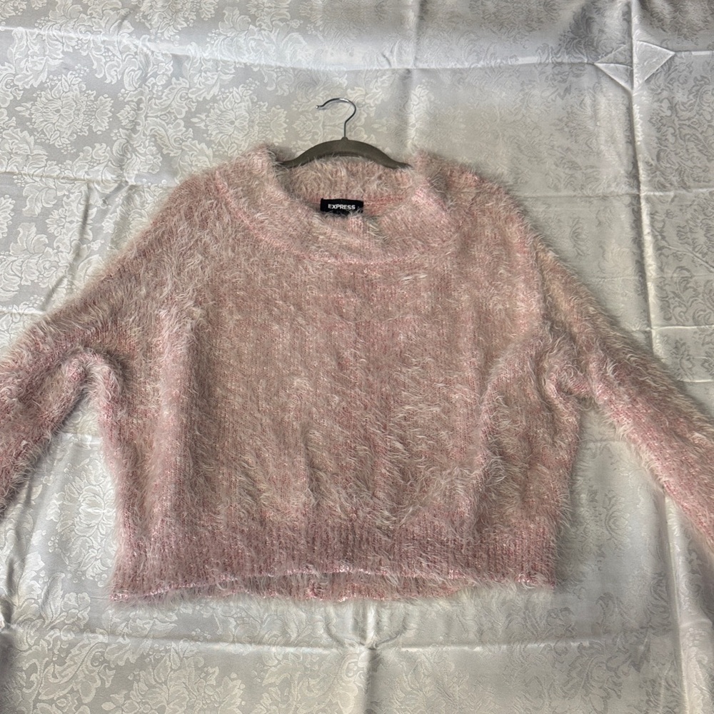 Express Pink Fuzzy Crew Neck Sweater